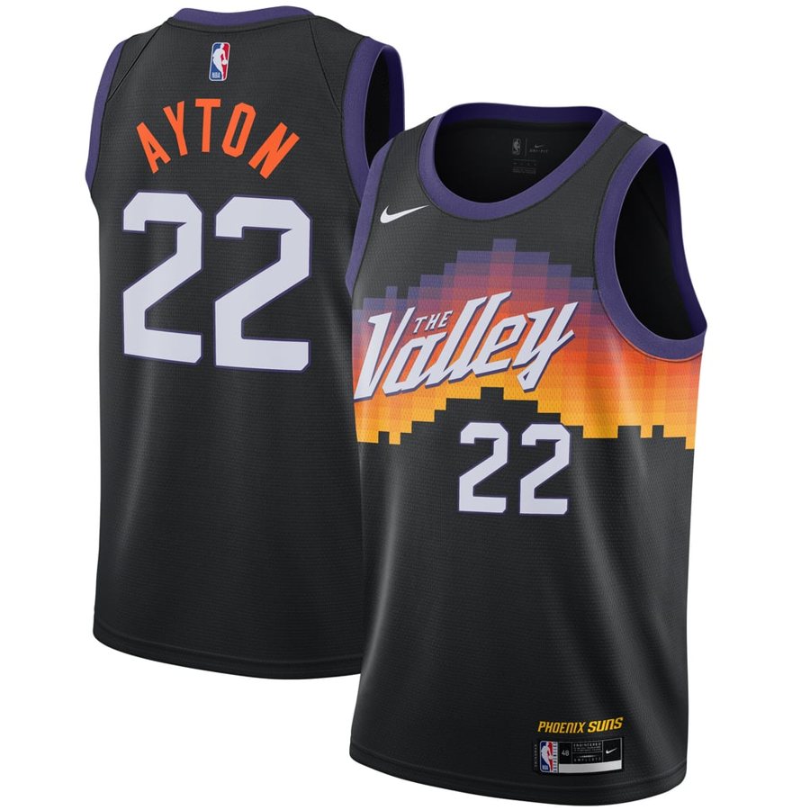 Phoenix Suns The Valley City Edition jersey, black with a Valley wordmark over a pixelated desert sunset gradient in orange, yellow and purple, returning for 2026-27