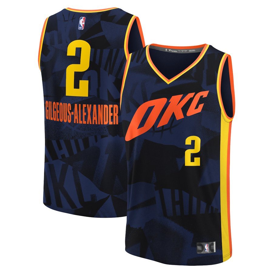 Oklahoma City Thunder 2023-24 City Edition jersey, navy with an abstract pattern, an orange OKC wordmark and orange and yellow trim, returning for 2026-27