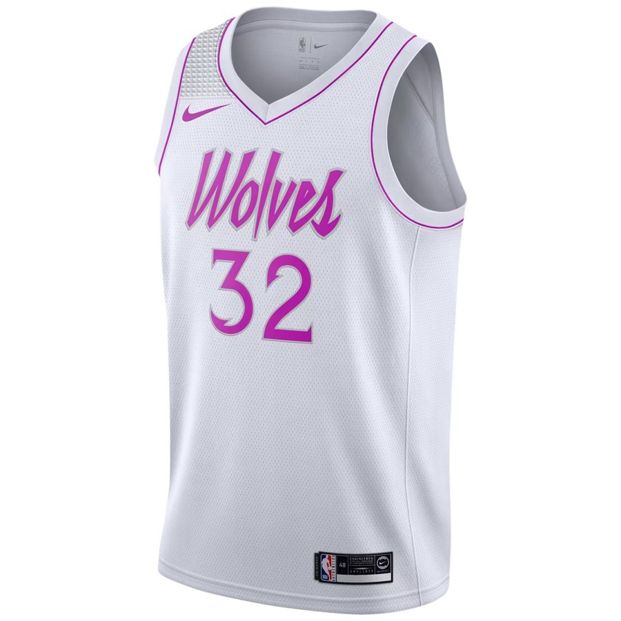 Minnesota Timberwolves 2018-19 Earned Edition jersey, white with a pink and purple Wolves script, pink numbers and pink trim, the design returning as the 2026-27 City Edition