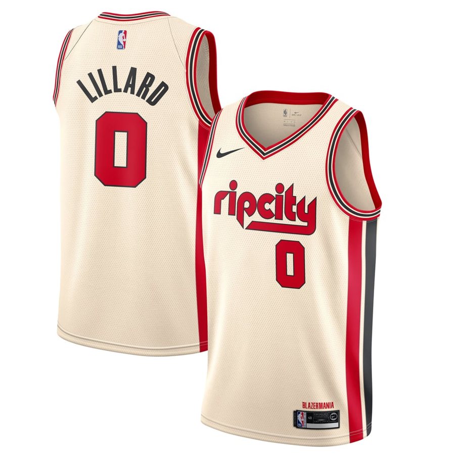 Portland Trail Blazers 2019-20 Rip City City Edition jersey, cream with a red lowercase ripcity wordmark and red and black side stripe, returning for 2026-27