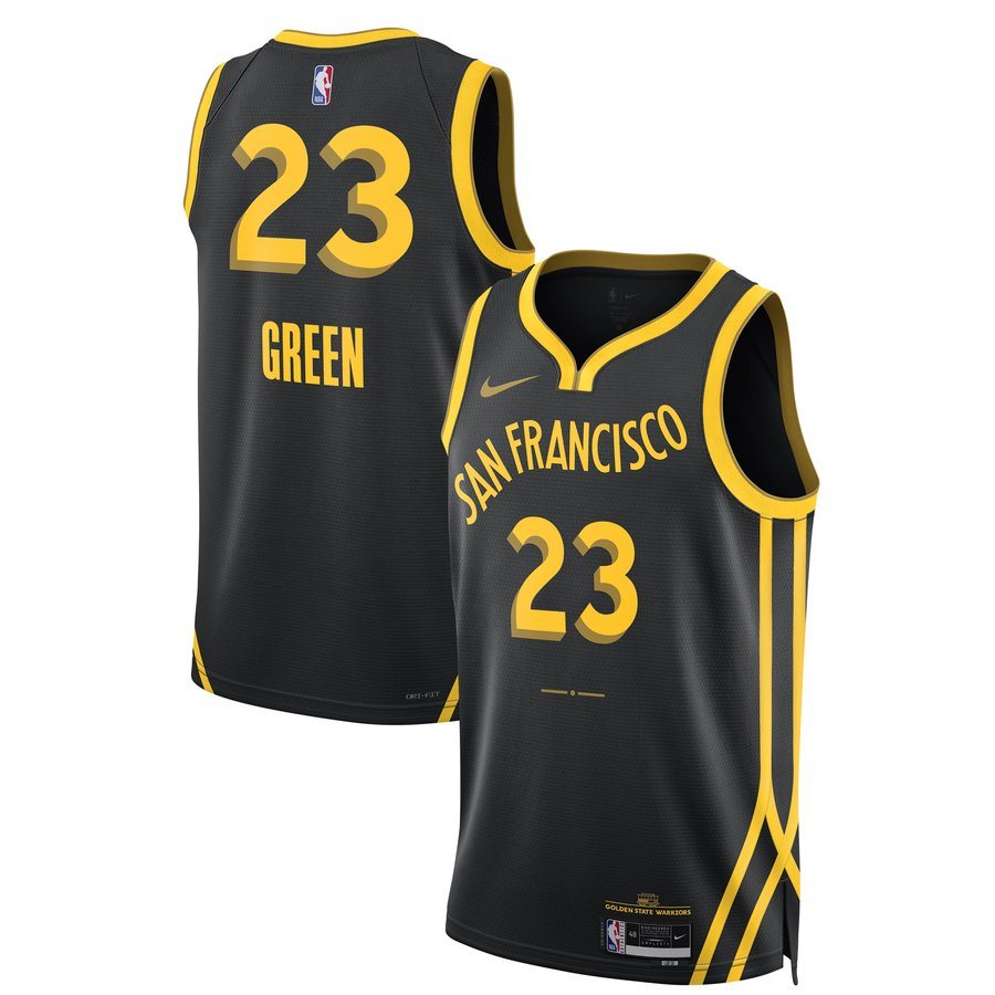 Golden State Warriors 2023-24 City Edition jersey, black with a gold SAN FRANCISCO wordmark and gold trim, returning for 2026-27