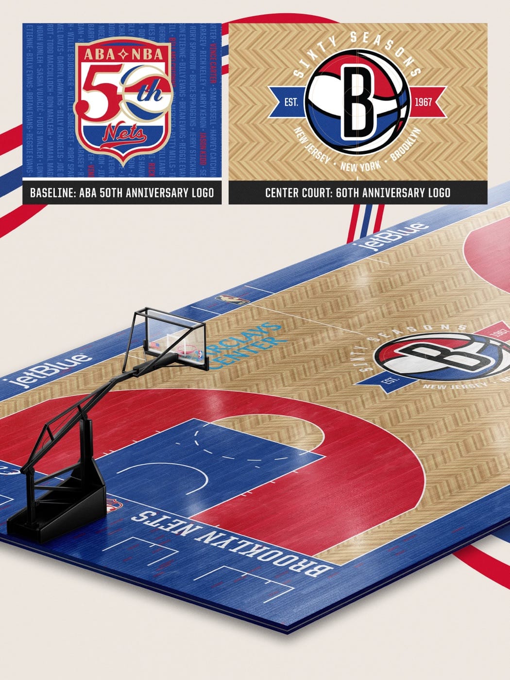 Nets Classic Court details: the ABA-NBA 50th anniversary logo on the baseline and the Sixty Seasons 60th anniversary logo at center court