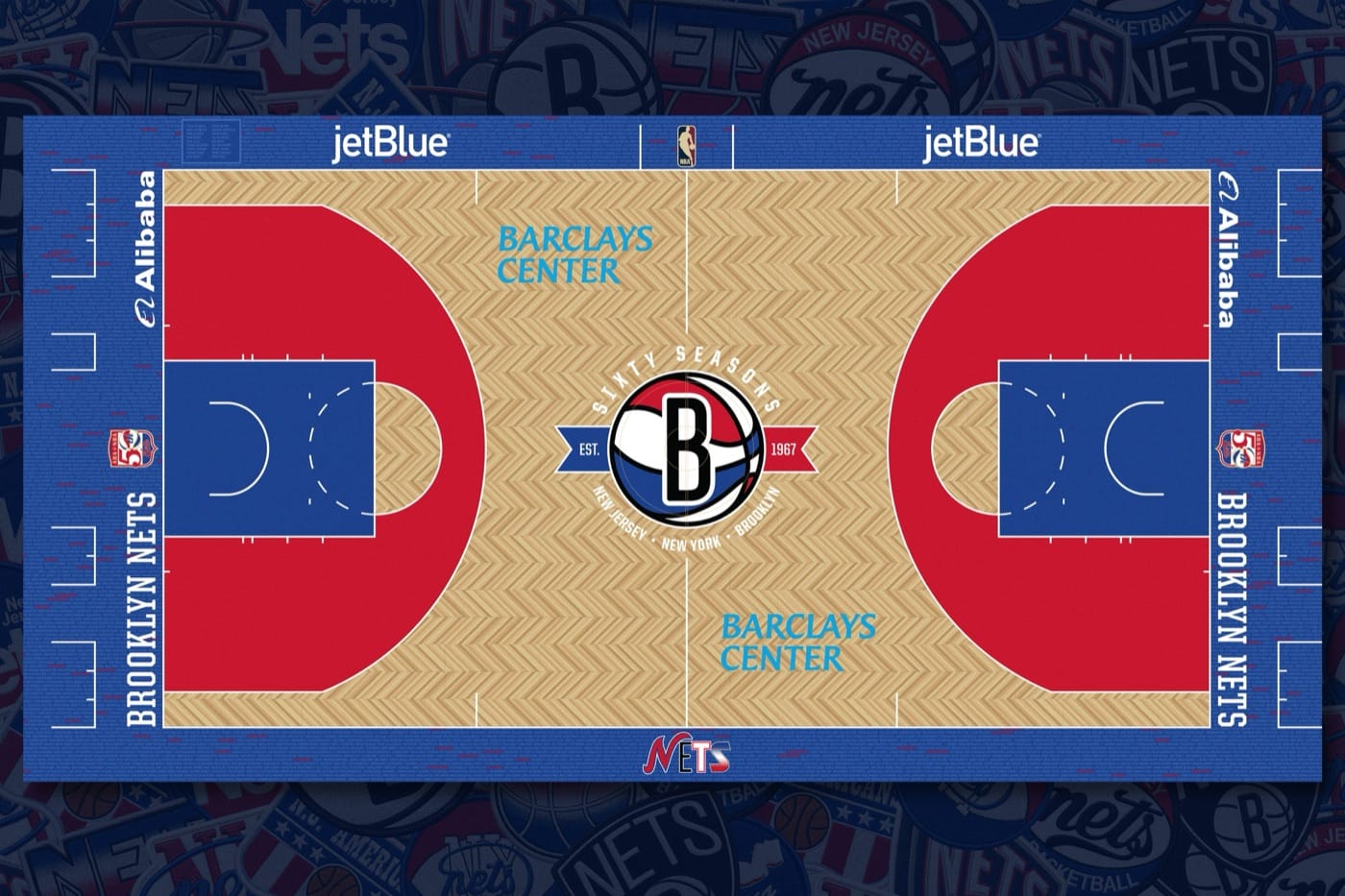 Brooklyn Nets 2026-27 Classic Court from above: herringbone wood, red lane arcs, blue keys and apron, and a Sixty Seasons logo at center court