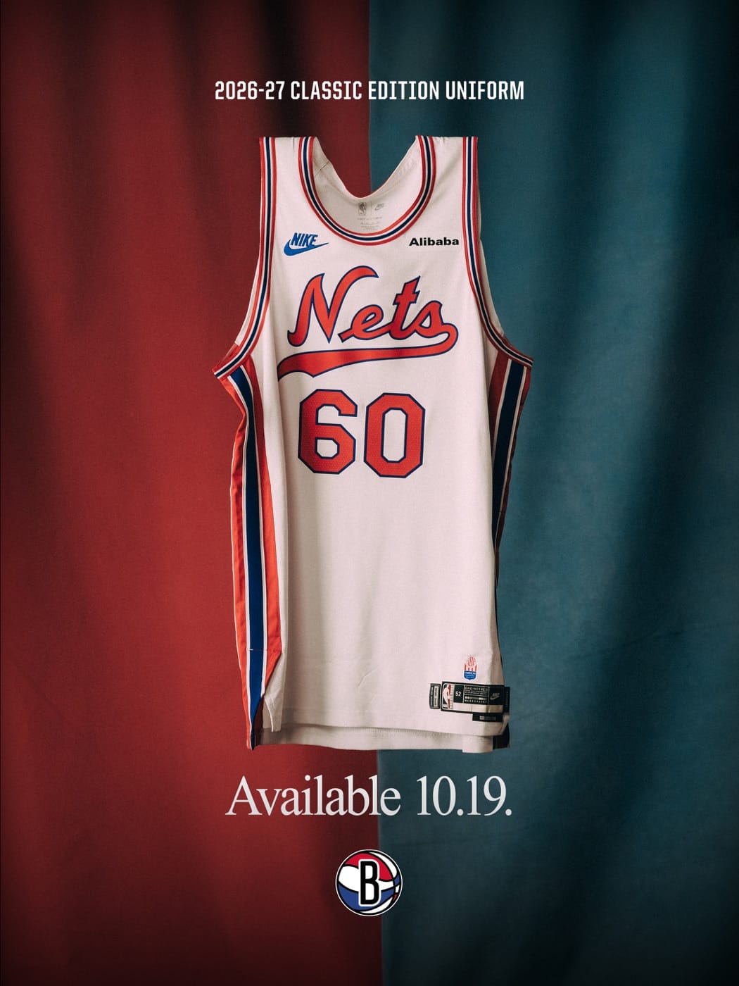 Brooklyn Nets 2026-27 Classic Edition jersey: white with a red Nets script and red, white and blue piping, No. 60
