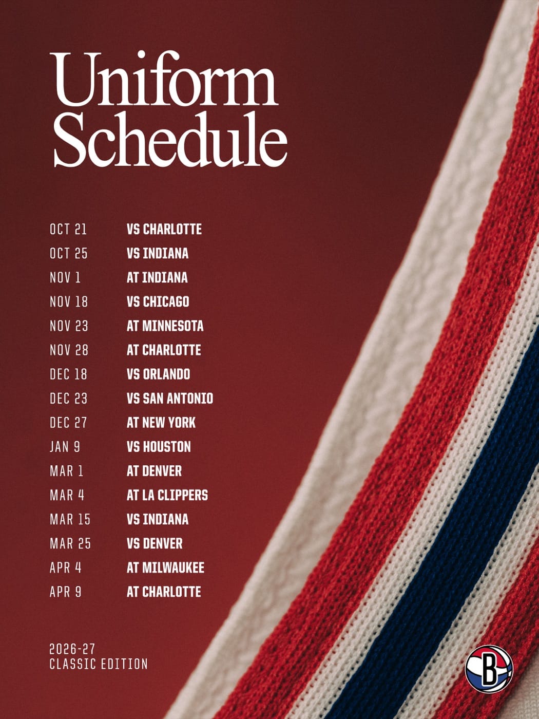Brooklyn Nets 2026-27 Classic Edition uniform schedule, 16 games from October 21 vs Charlotte to April 9 at Charlotte