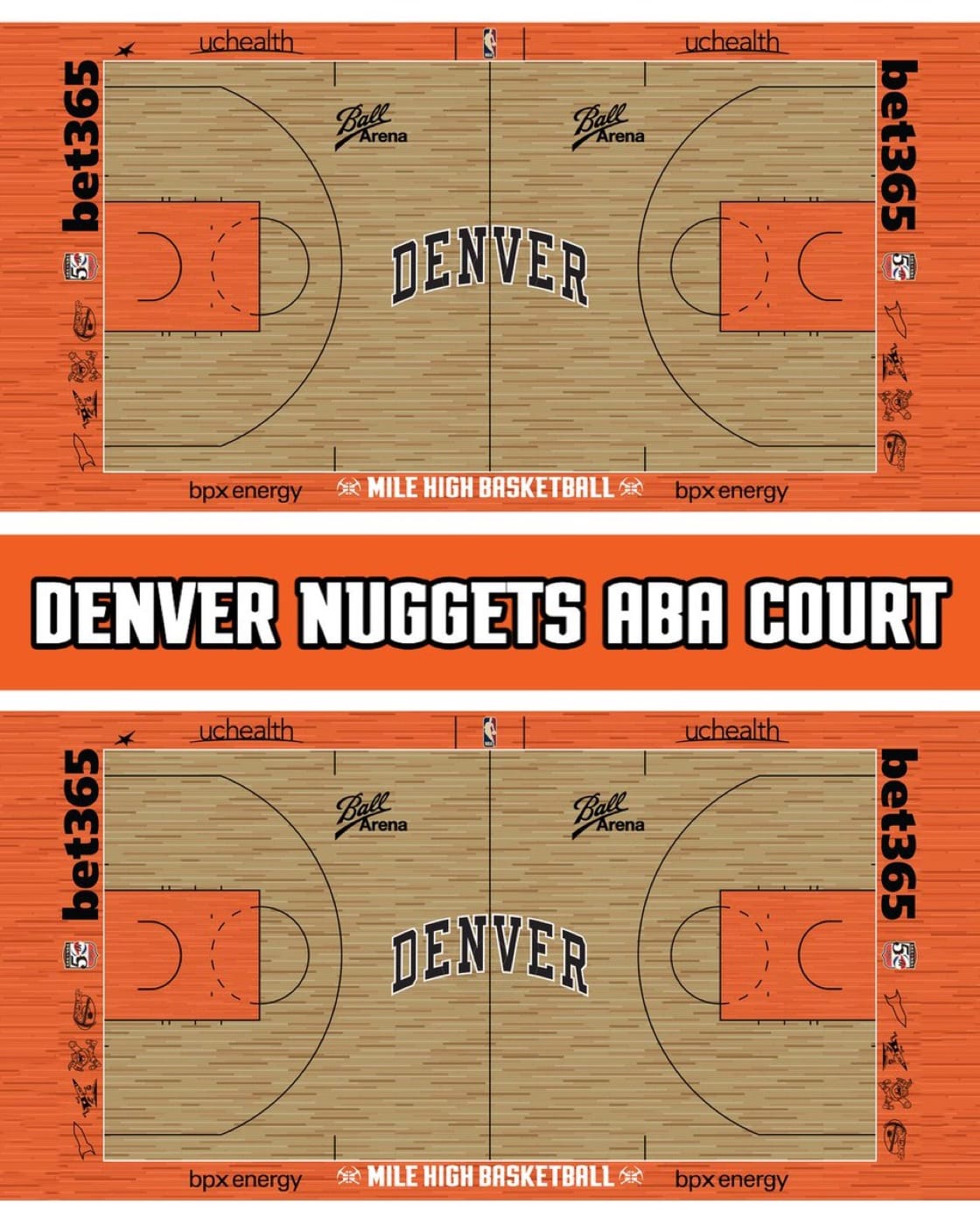 Denver Nuggets ABA court for 2026-27: natural wood with orange lanes, an arched black DENVER at center court, and an orange apron with the ABA-NBA 50th logo