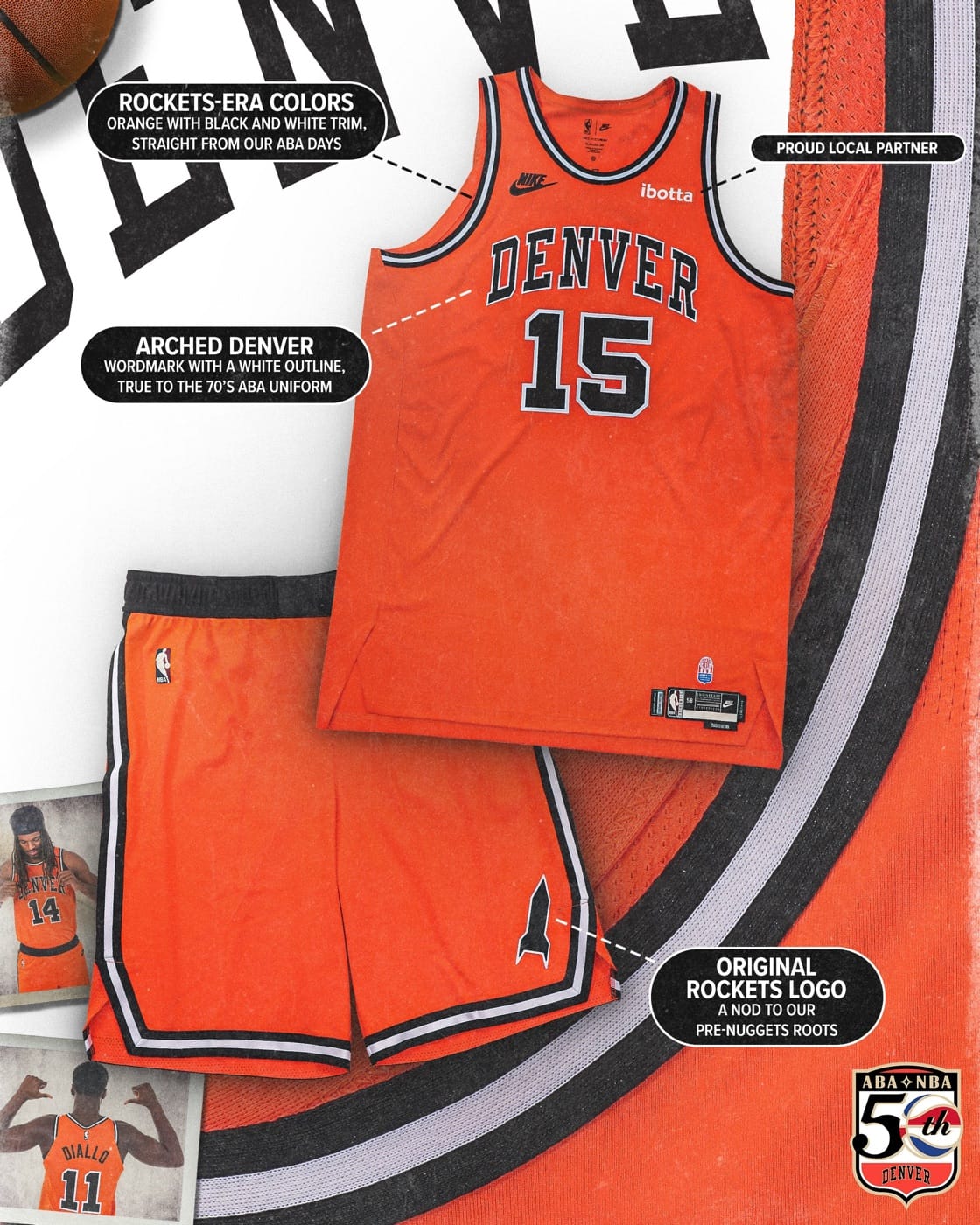Nuggets Classic Edition uniform breakdown: Rockets-era orange with black and white trim, arched DENVER wordmark, and the original Rockets logo on the shorts