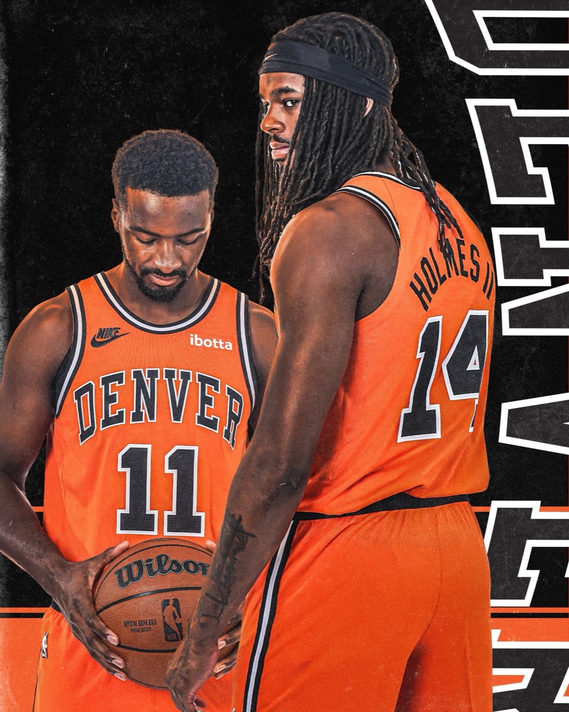 Denver Nuggets 2026-27 Throwback Nights Classic Edition jersey, orange with an arched black DENVER wordmark, worn by two players
