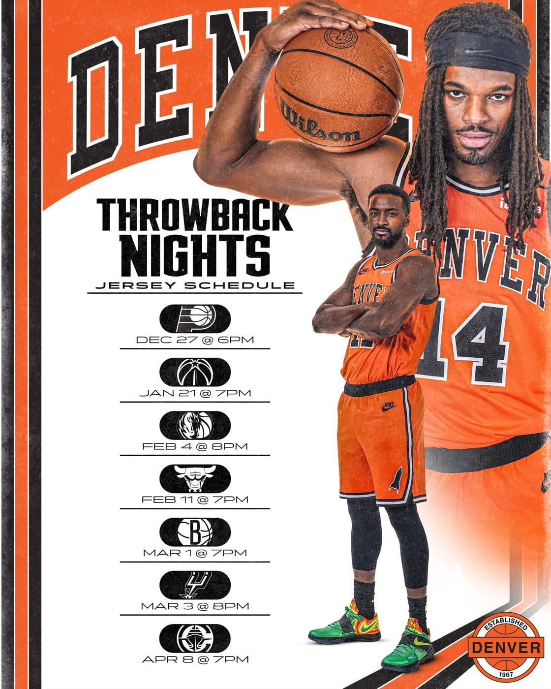 Denver Nuggets Throwback Nights jersey schedule for 2026-27, seven home dates from December 27 vs the Pacers to April 8 vs the Clippers