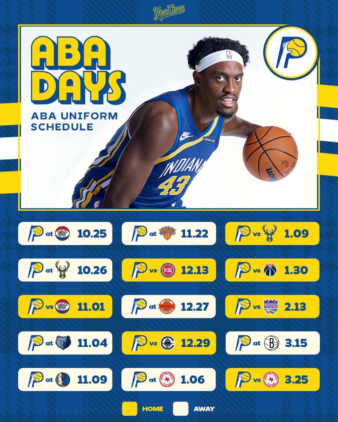 Indiana Pacers ABA Days uniform schedule for 2026-27, 15 dates with home games in yellow and road games in white