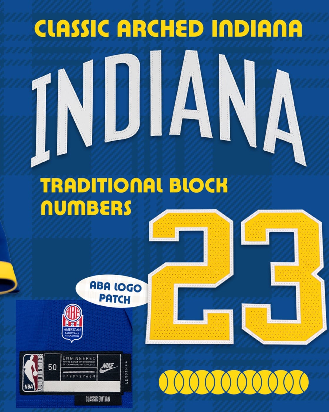 Pacers Classic Threads detail card: classic arched INDIANA, traditional block numbers and the ABA logo patch