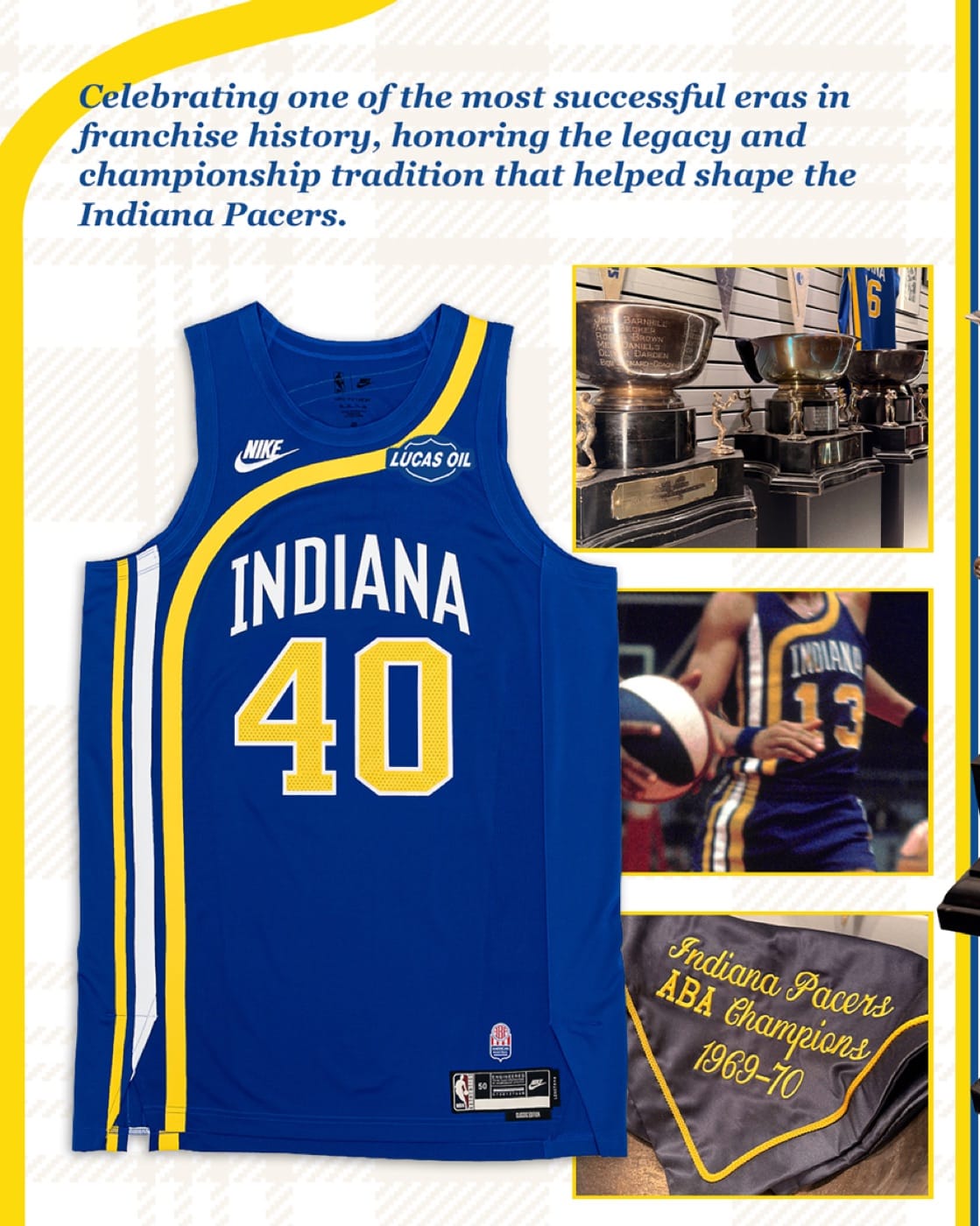 Pacers Classic Edition jersey: royal blue with an arched white INDIANA, yellow block numbers and an asymmetrical yellow and white racing stripe