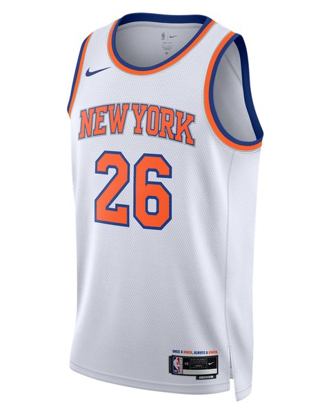 New York Knicks white Association Edition jersey with orange NEW YORK lettering