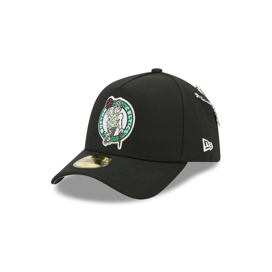 Boston Celtics 2026 NBA Draft New Era 59FORTY A-Frame hat with rhinestone shamrock logo and chain pin