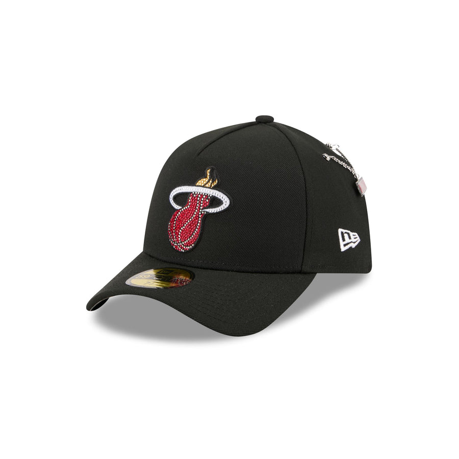 Miami Heat 2026 NBA Draft New Era 59FORTY A-Frame hat with rhinestone flaming ball logo and chain pin