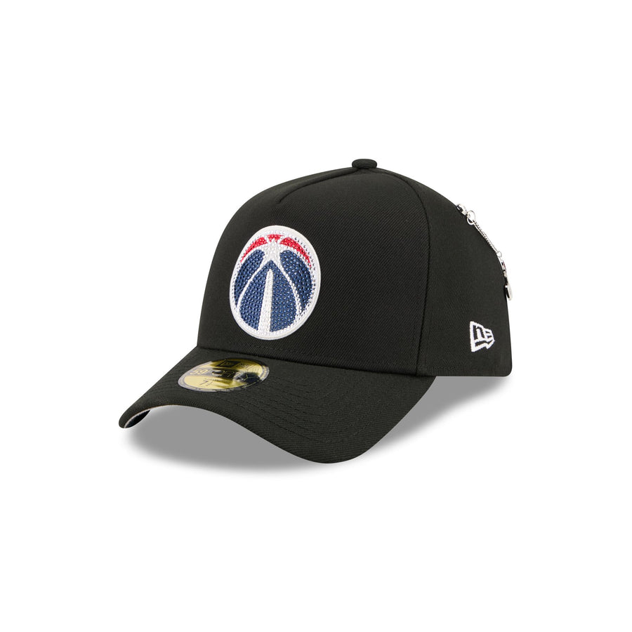 Washington Wizards 2026 NBA Draft New Era 59FORTY A-Frame hat with rhinestone ball logo and chain pin, worn by number one pick AJ Dybantsa