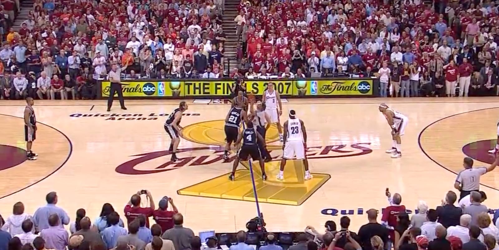 NBA Finals logo painted on the court at center court for a past Finals series, showing how a painted Finals logo reads as part of the hardwood