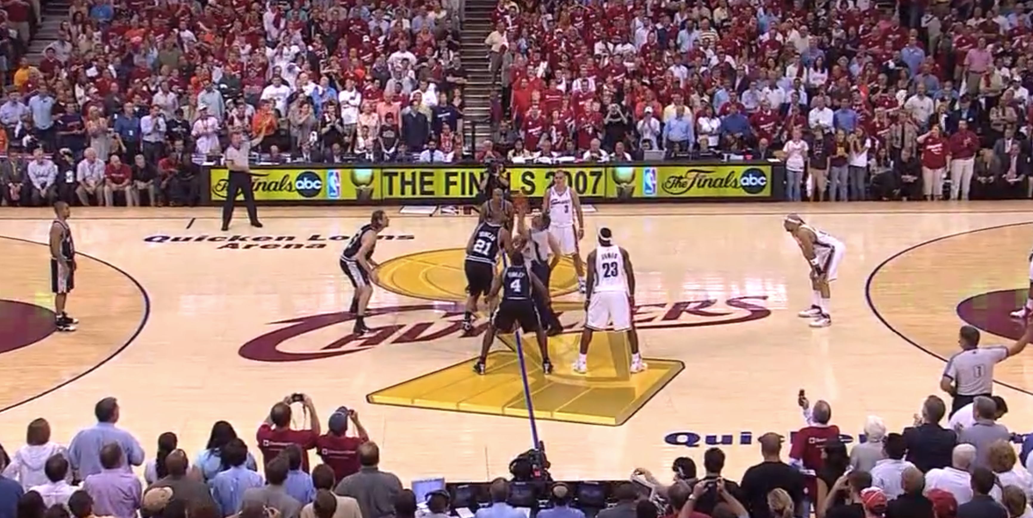 NBA Finals logo painted on the court at center court for a past Finals series, showing how a painted Finals logo reads as part of the hardwood