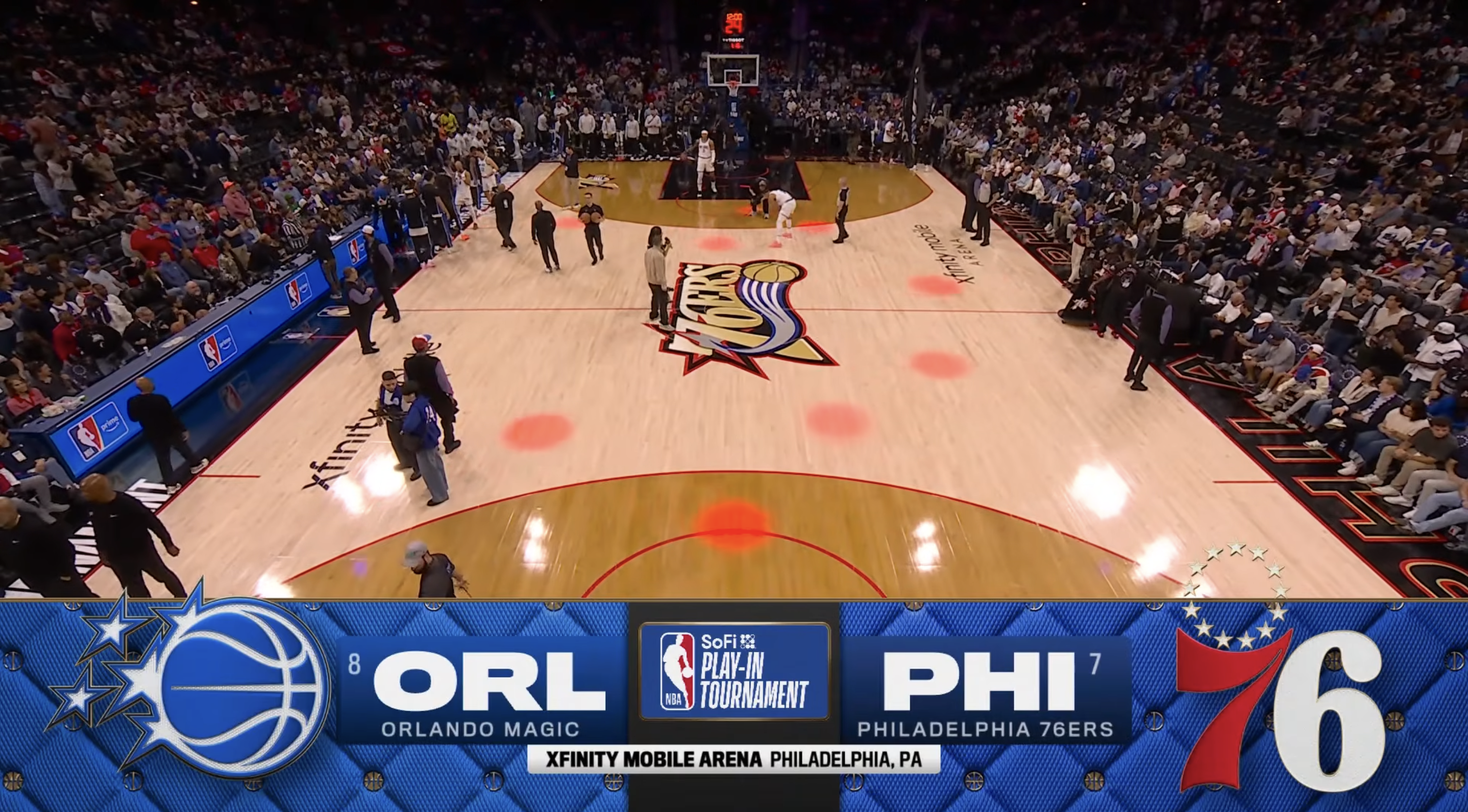 Philadelphia 76ers Play-In Tournament 2026 vs Orlando Magic pregame court logo at Xfinity Mobile Arena