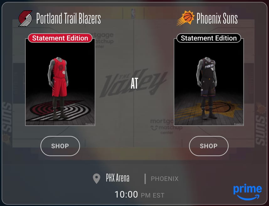 Amazon Prime Video 2026 Play-In Tournament Blazers Statement Edition vs Suns Statement Edition jersey preview