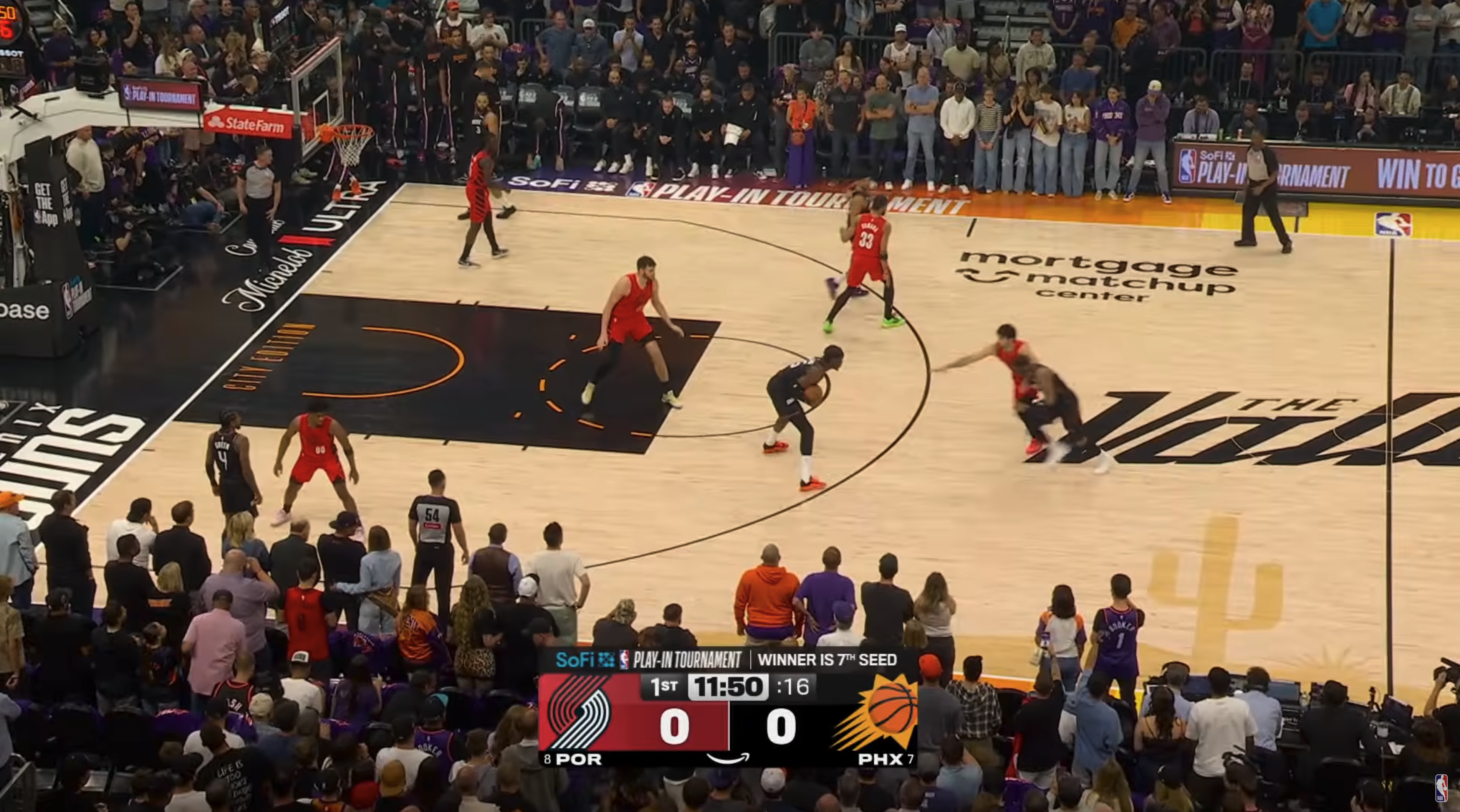 2026 NBA Play-In Tournament Amazon Prime Video scorebug Blazers vs Suns showing Winner Is 7th Seed text SoFi branding