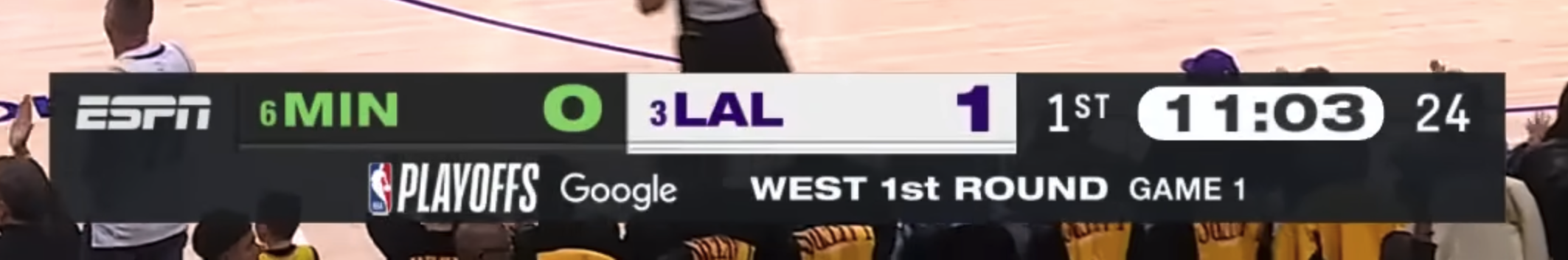 ESPN NBA Playoffs first round scorebug 2025 Minnesota Timberwolves Los Angeles Lakers with Playoffs logo and Google sponsor