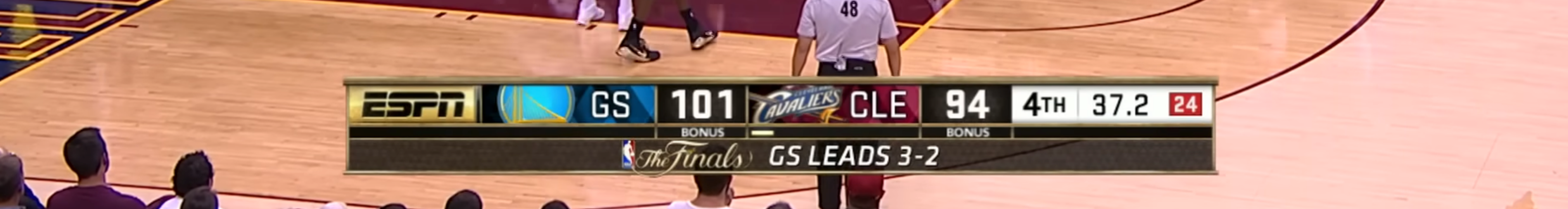 ESPN NBA Finals 2015 scorebug Golden State Warriors Cleveland Cavaliers The Finals cursive script GS leads 3-2