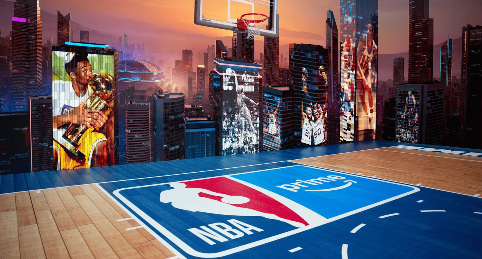 NBA on Prime Video studio set with virtual court and skyline
