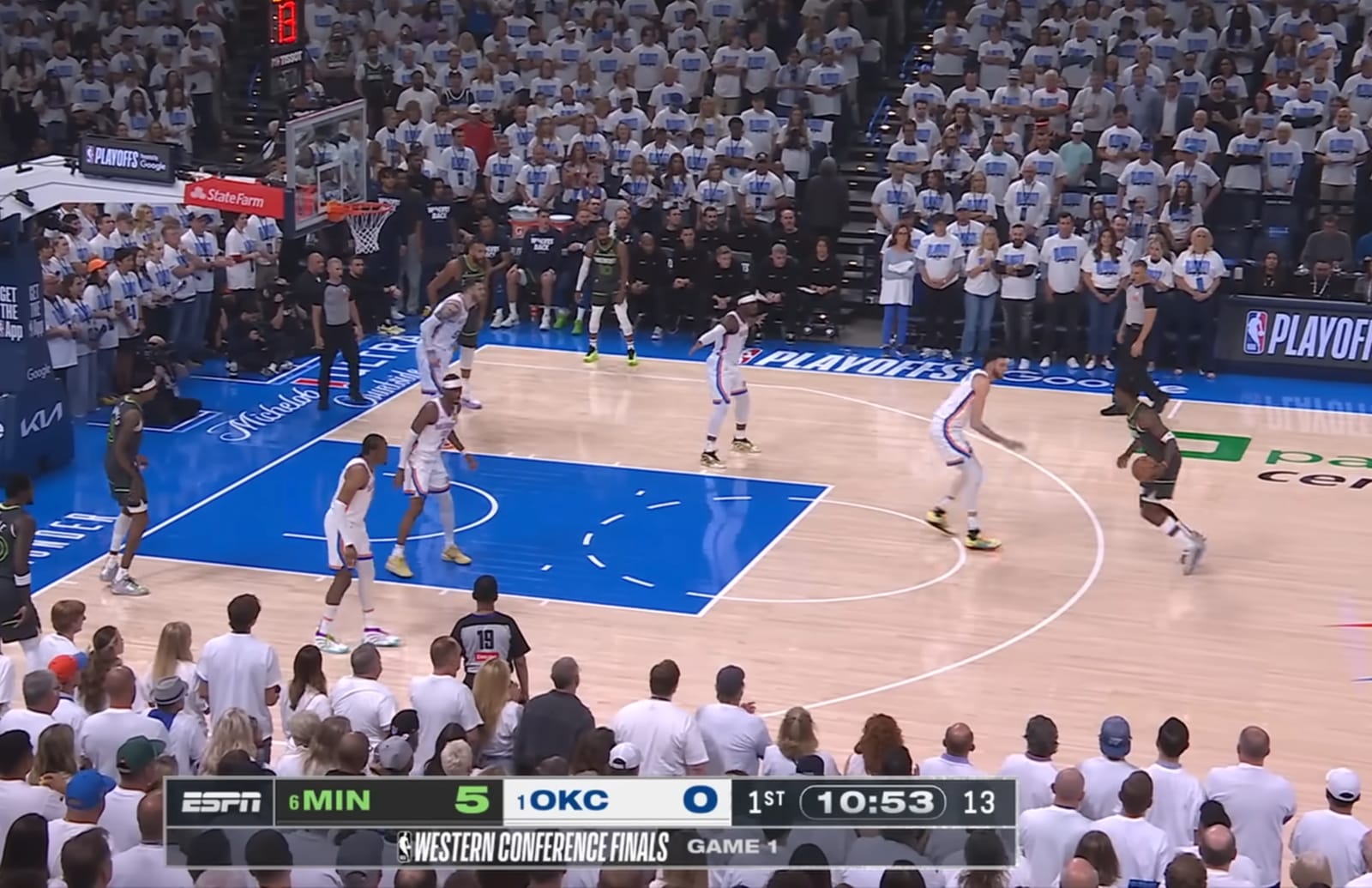 NBA Western Conference Finals 2024 no on-court logo just Playoffs on sideline Minnesota Timberwolves Oklahoma City Thunder