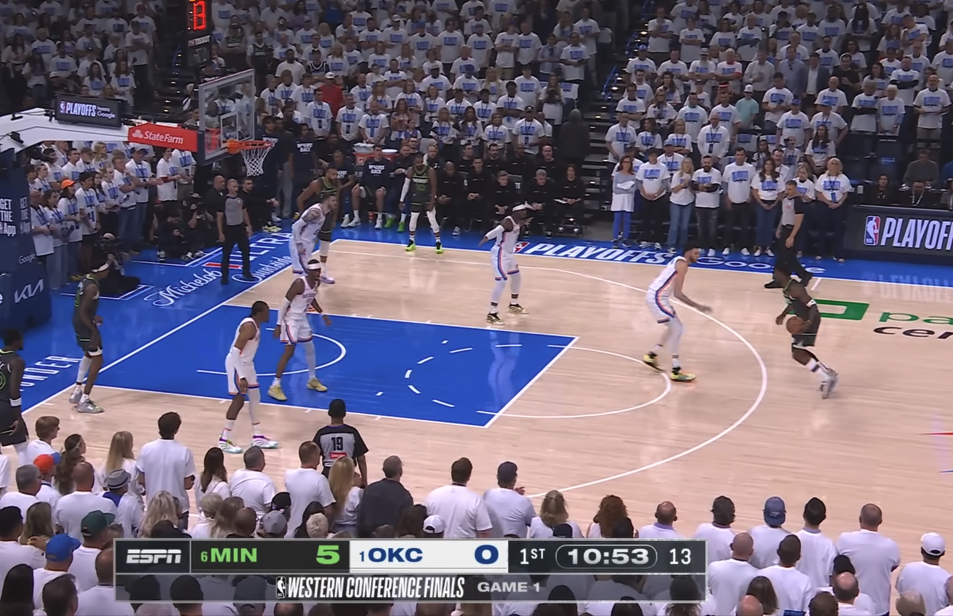 NBA Western Conference Finals 2024 no on-court logo just Playoffs on sideline Minnesota Timberwolves Oklahoma City Thunder