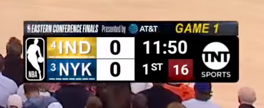 TNT 2024 Eastern Conference Finals scorebug with the Eastern Conference Finals wordmark presented by AT&T at the top of the bug and Indiana Pacers and New York Knicks team marks below and TNT Sports branding on the right