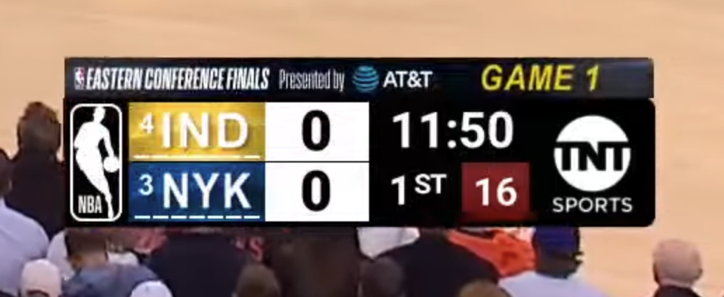 TNT NBA Eastern Conference Finals scorebug 2025 Indiana Pacers New York Knicks AT&T sponsor