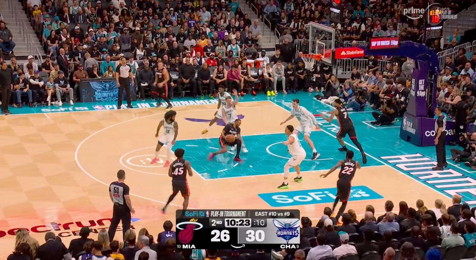 2026 NBA Play-In Tournament Amazon Prime Video scorebug wide shot Heat vs Hornets court design SoFi sponsor