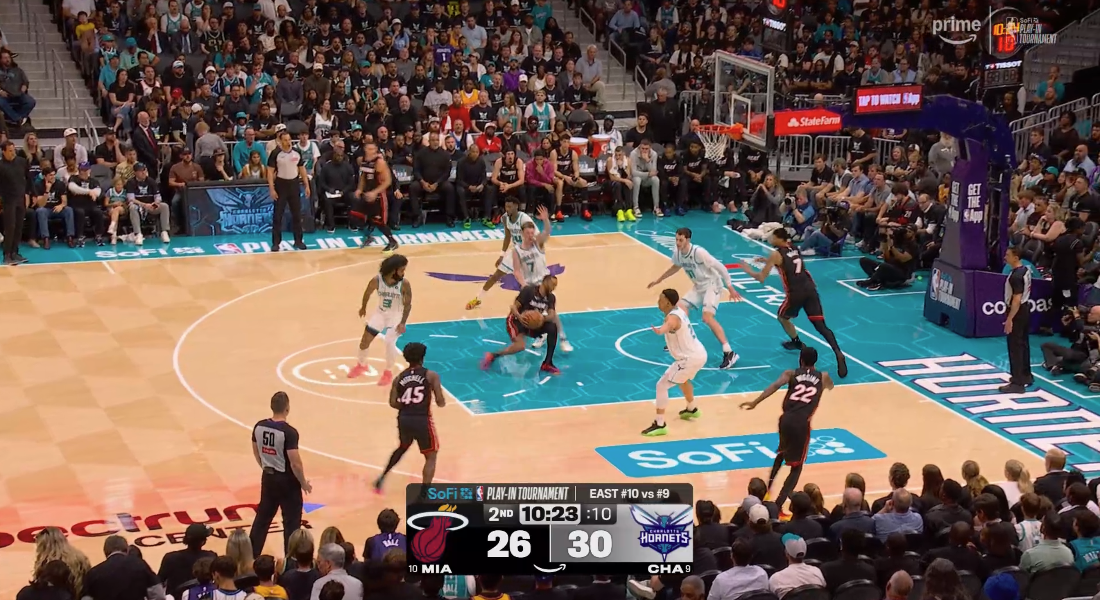 2026 NBA Play-In Tournament Amazon Prime Video scorebug wide shot Heat vs Hornets court design SoFi sponsor