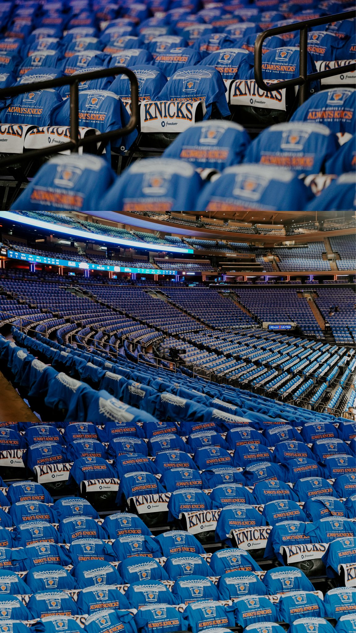 Madison Square Garden New York Knicks playoff arena setup with Always Knicks t-shirt giveaway draped on every seat in blue and orange Knicks colors for 2026 NBA Playoffs Round 1 vs Atlanta Hawks