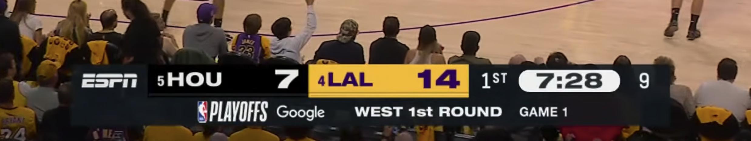 ABC ESPN NBA Playoffs 2026 full scorebug Round 1 Game 1 Los Angeles Lakers with official NBA Playoffs logo on banner presented by Google and West First Round Game 1 text