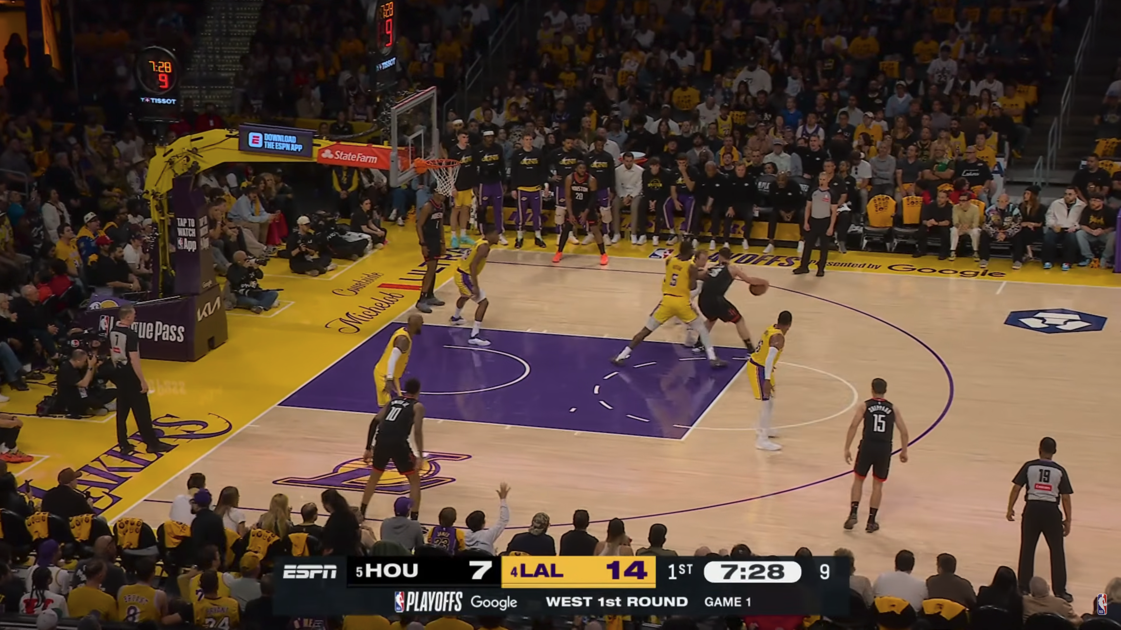 ABC ESPN NBA Playoffs 2026 full broadcast screen showing scorebug and Los Angeles Lakers Round 1 Game 1 presentation
