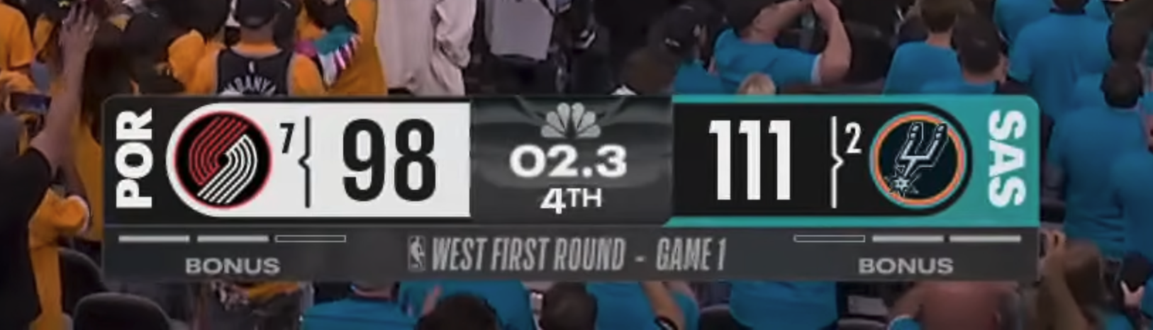 NBC Peacock NBA Playoffs 2026 full scorebug Round 1 Game 1 Los Angeles Lakers with West First Round banner and NBA logo peacock feather corner graphic