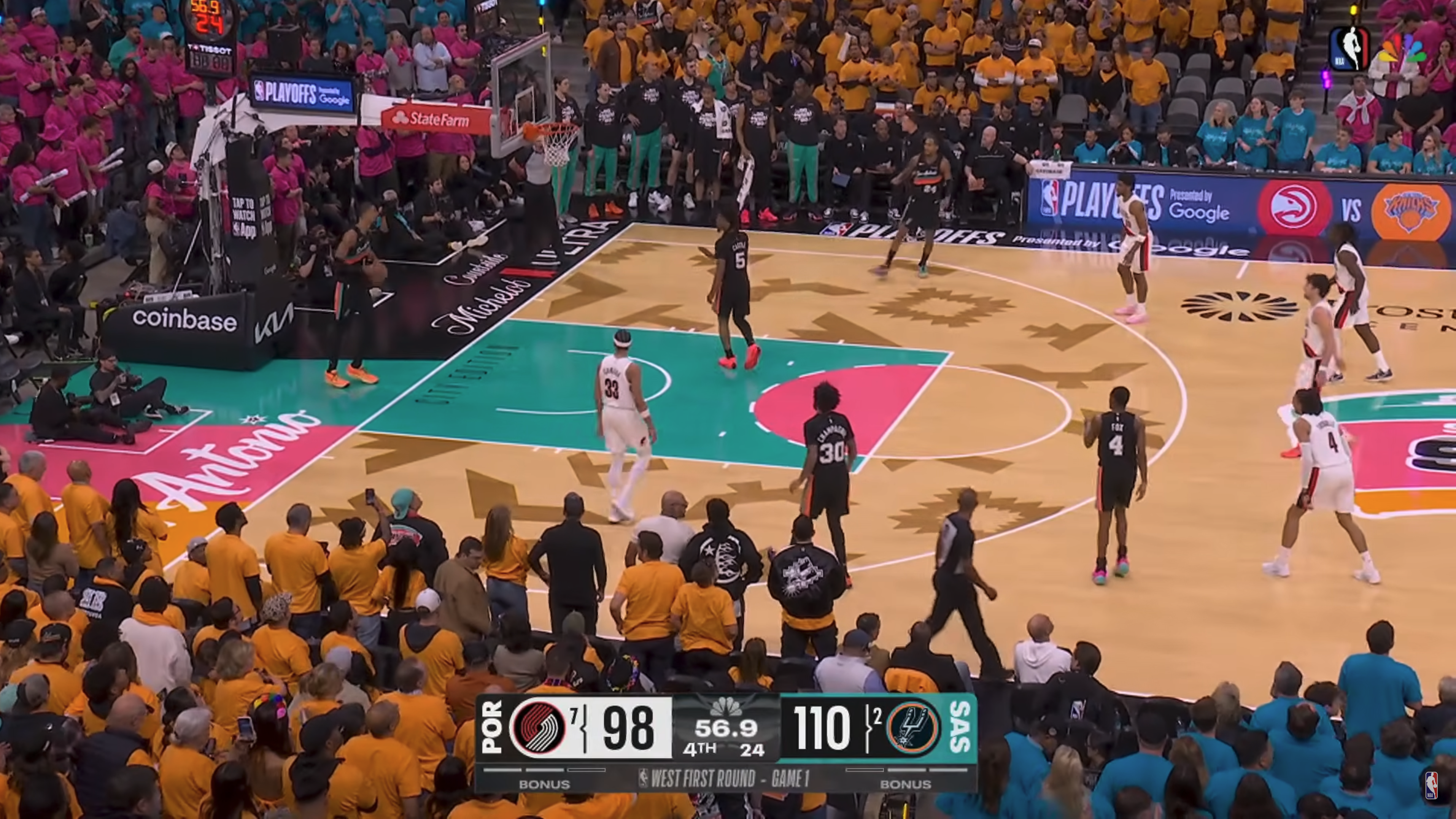 NBC Peacock NBA Playoffs 2026 full broadcast screen Los Angeles Lakers Round 1 with scorebug NBA logo peacock feather Peacock NBC network corner branding