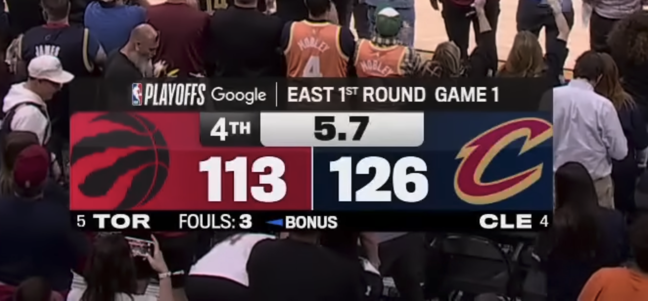 Amazon Prime Video NBA Playoffs 2026 scorebug Round 1 Game 1 Cleveland Cavaliers with official NBA Playoffs logo presented by Google