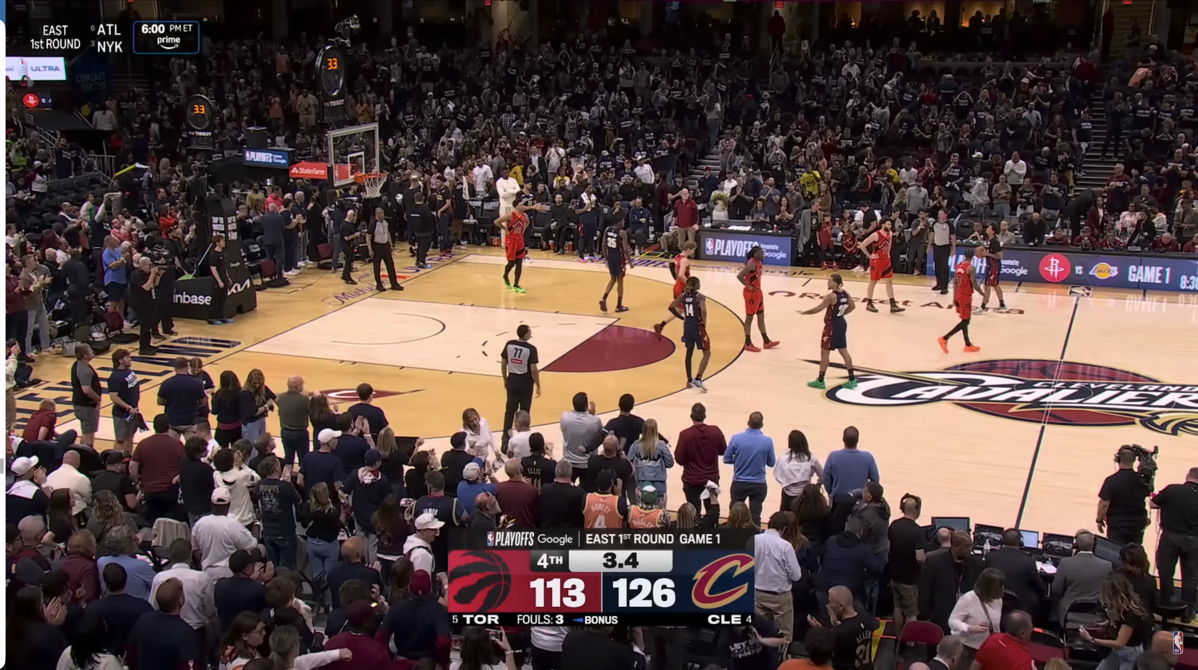 Amazon Prime Video NBA Playoffs 2026 full broadcast screen Cleveland Cavaliers Round 1 with scorebug and in-arena presentation
