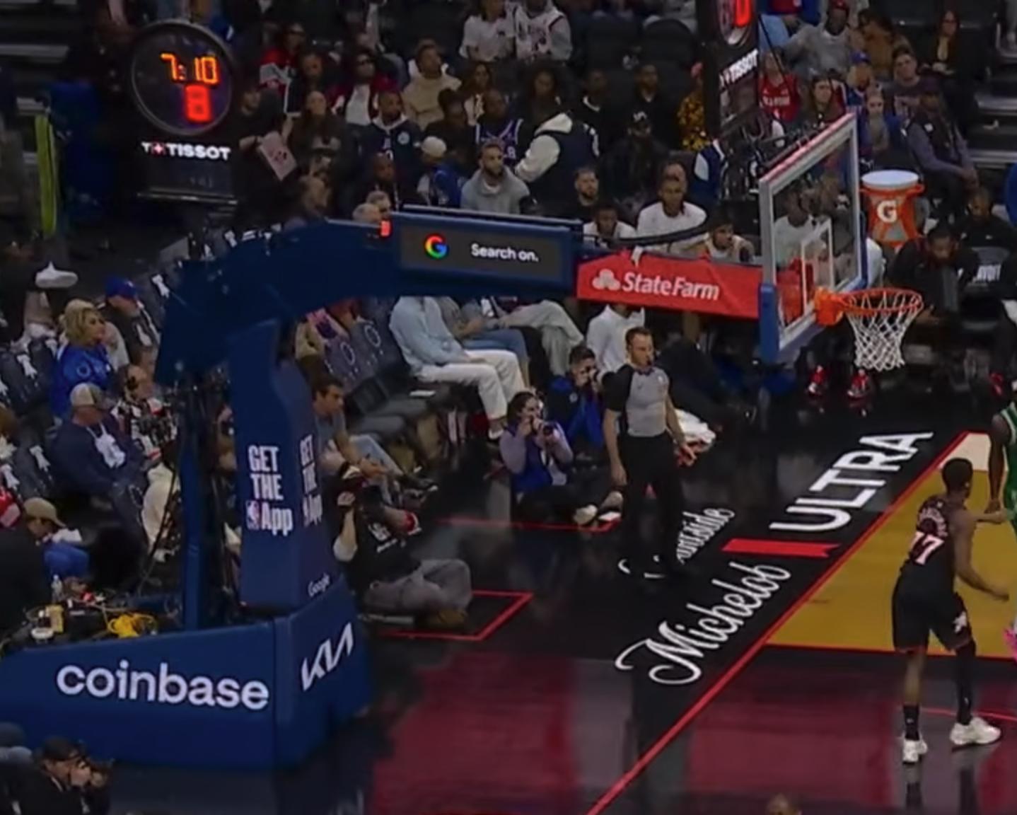 Celtics at 76ers stanchion at Wells Fargo Center 2026 NBA Playoffs Round 1 Game 4 with no Playoffs logo branding