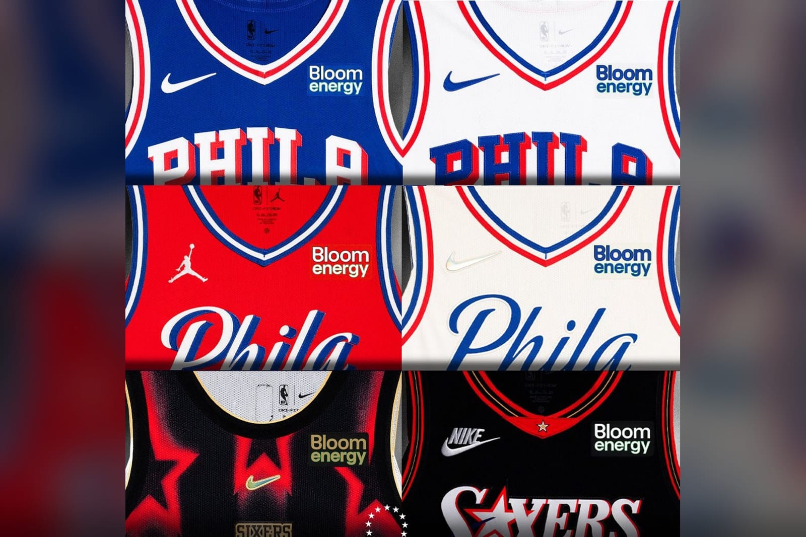 Philadelphia 76ers 2026-27 uniform closet: blue PHILA Icon, white PHILA Association, red Phila Statement, cream Phila City Edition, black Specter and black Hardwood Classic jerseys