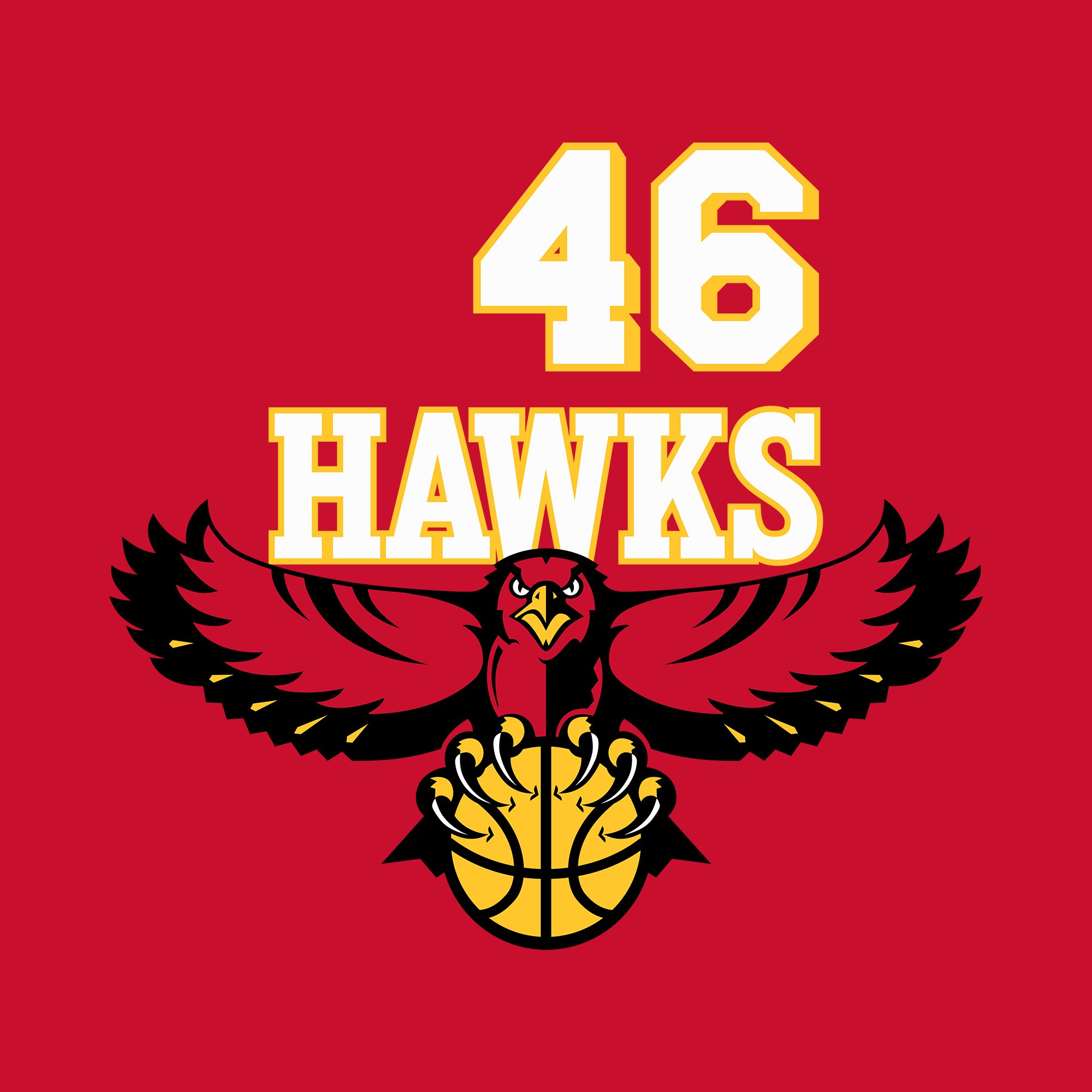 Atlanta Hawks 2026-27 NBA wordmark going back to the Pac-Man hawk throwback era with red background, white HAWKS block letters with yellow outline, and the talons-and-basketball Pac-Man hawk logo from the 1972-1995 jersey set