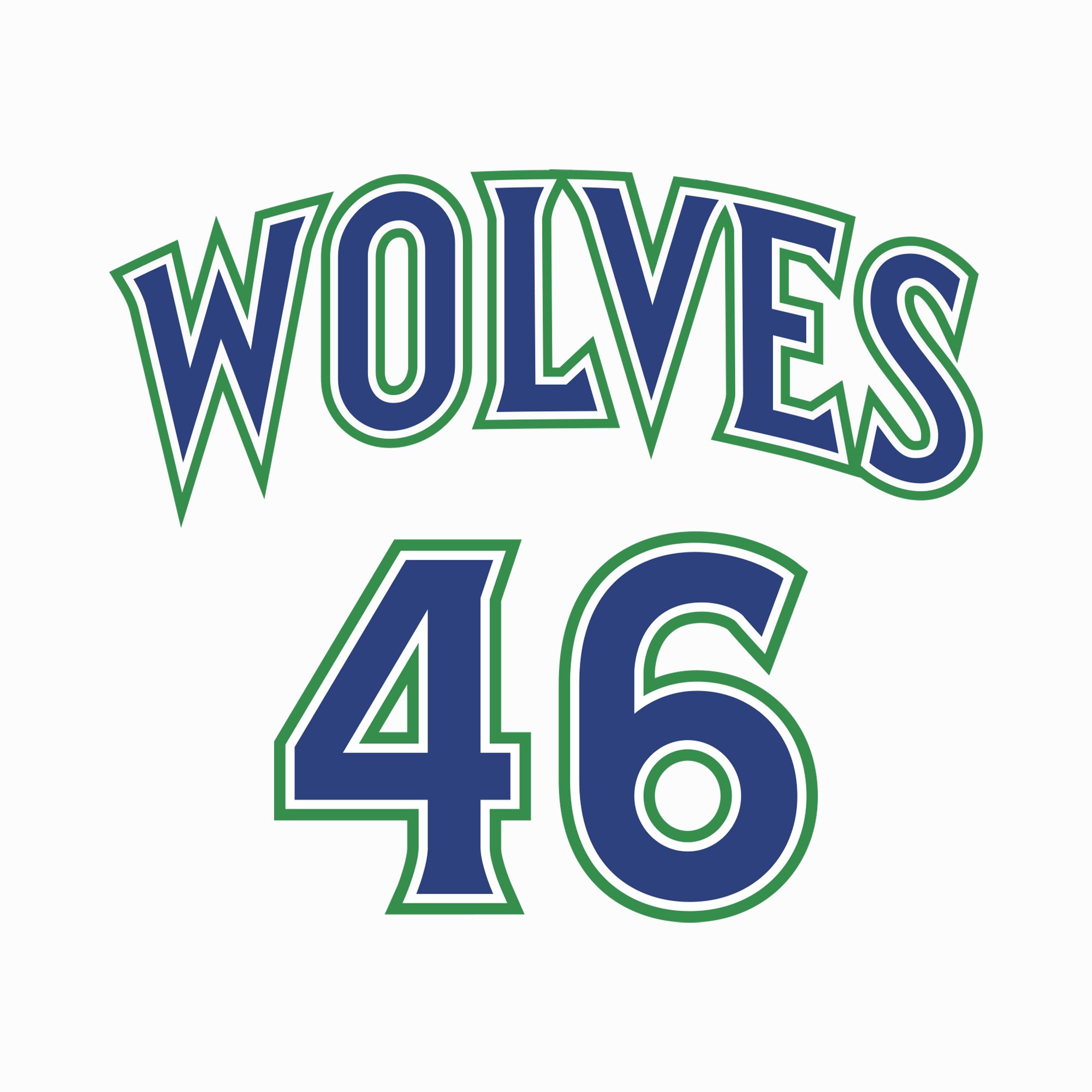 Minnesota Timberwolves 2026-27 NBA wordmark with arched WOLVES in royal blue with green outline and matching 46 number, a throwback to the original 1989-1996 Wolves uniform from the Christian Laettner and Kevin Garnett rookie eras