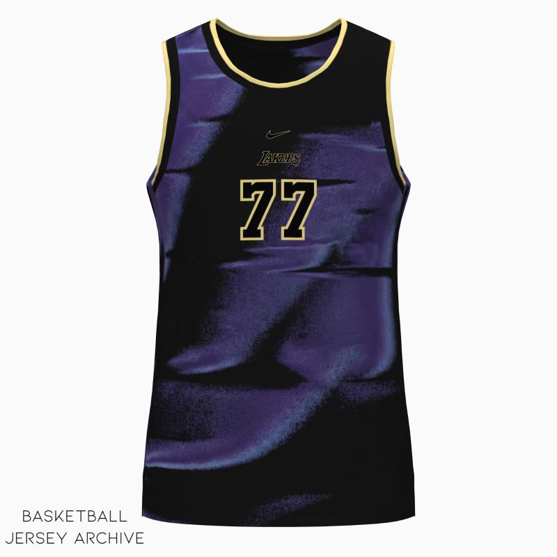 Close-up detail of Lakers 2026 Christmas jersey dark purple satin texture