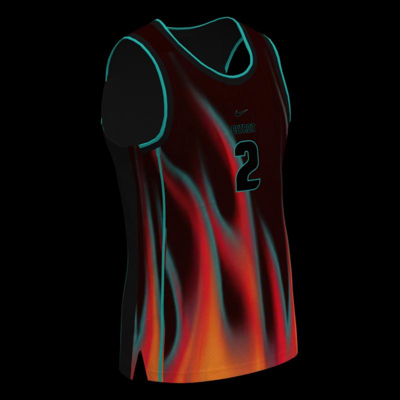 Close-up of Detroit Pistons 2026 Christmas jersey turquoise piping and trim detail