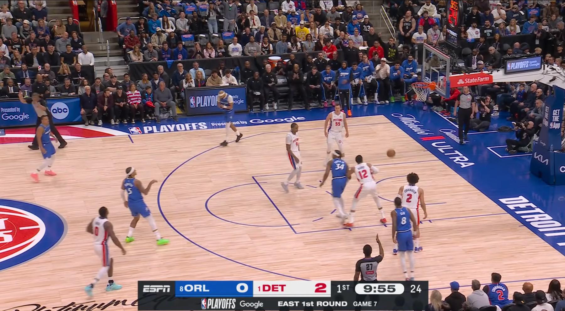ABC's NBA Game 7 broadcast of Magic at Pistons at Little Caesars Arena showing the ESPN-family scorebug, Detroit in the Association white home jersey, and Orlando in the Icon Edition blue road jersey on the deciding Game 7