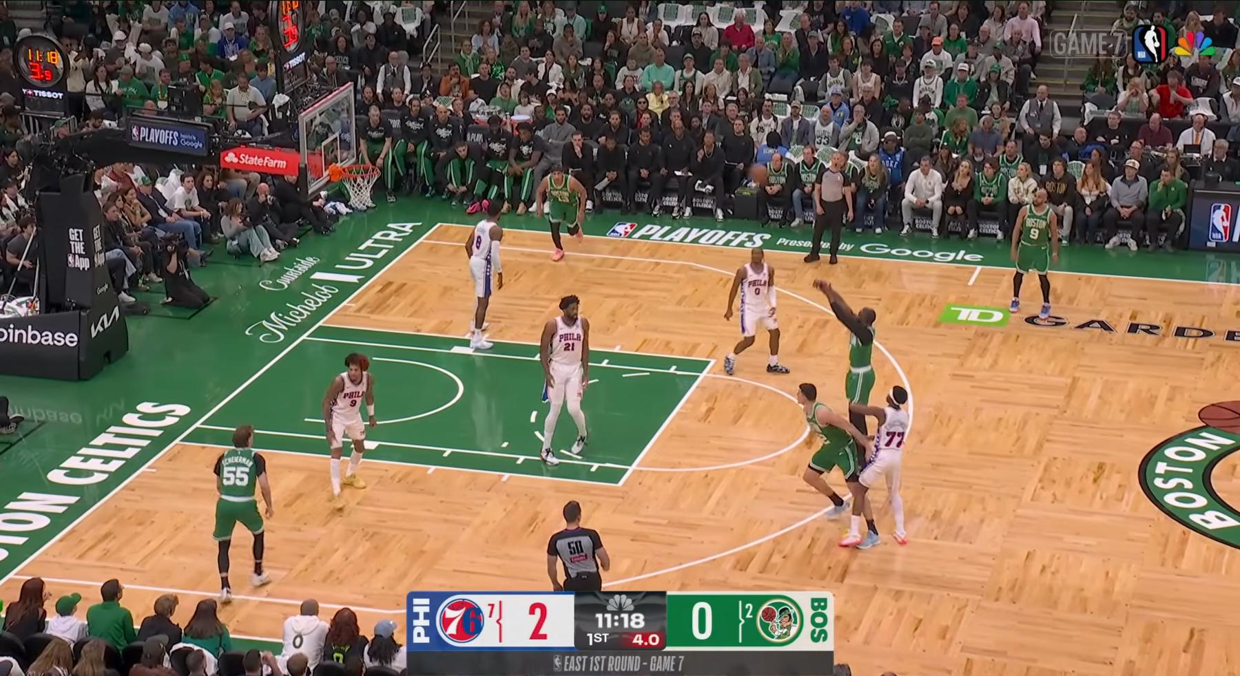 NBC's full-screen NBA Game 7 broadcast view of Sixers at Celtics at TD Garden showing the green parquet floor, the home Association whites versus the Philadelphia Icon royal blue road jersey, and the slim peacock-era scorebug that anchored NBC's closeout weekend coverage