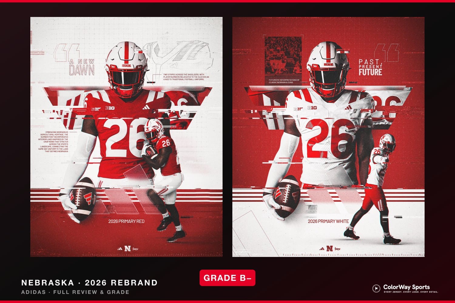 Nebraska Cornhuskers new 2026 football uniforms from adidas, the Primary Red home and Primary White road jerseys with the redesigned crop-row number font